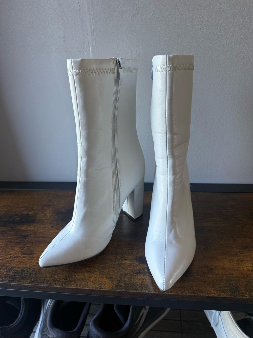 Women's White Mid-Calf Pointed Toe Block Heel Boots